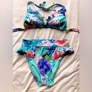Floral Print Teal Bikini- High waist Bottom